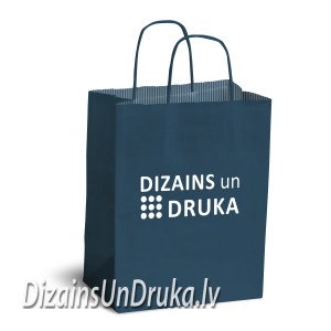 Maiss_dizains-1 Dark blue paper bag with twisted handles and Dizains un Druka logo