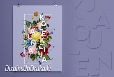 Plakātu dizains ar ziedu motīviem un uzrakstu Jaunā kolekcija uz violeta fona