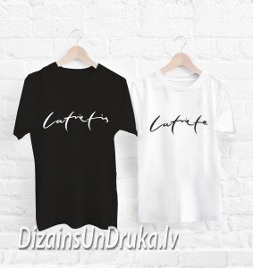 T-krekli_Latvietis_Latviete-1 Black and white T-Shirts Latvian man and Latvian woman on hangers