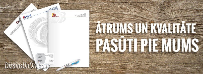 akcija-bezmaksas-vizitkartes-1 Printed letterheads, business card and pen on wooden background with text Speed and quality