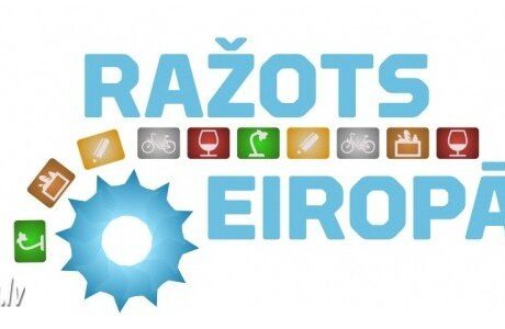 Raidījuma Ražots Eiropā logotips ar zobratu, ikonām un Dizains un Druka uzrakstu