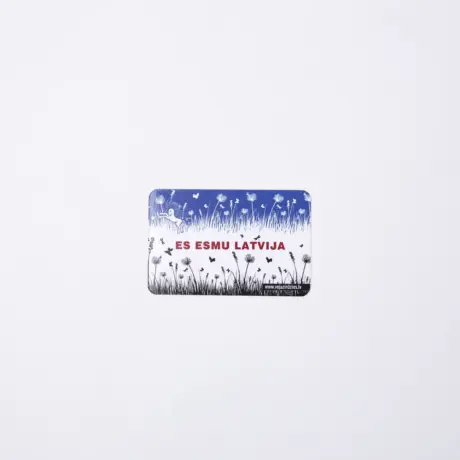 Custom pocket calendar with meadow illustration and red text ES ESMU LATVIJA