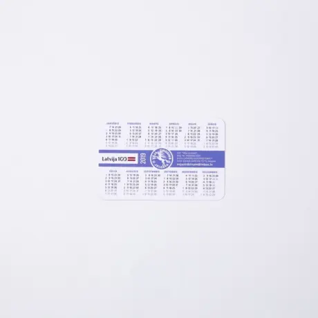 Custom pocket calendar with Latvia 100 and Vēja zirdziņš logos on a white background