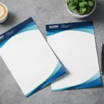 Custom letterhead printing sample with blue design and logo on a gray desk by coffee