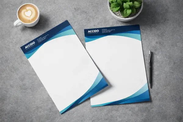 Custom letterhead printing sample with blue design and logo on a gray desk by coffee