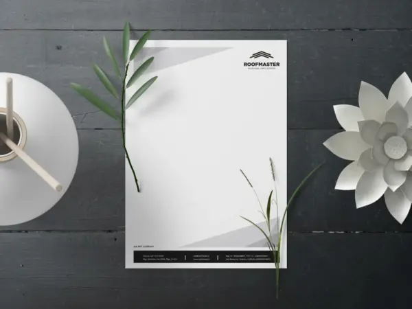 Custom letterhead printing sample with Roofmaster logo and company details