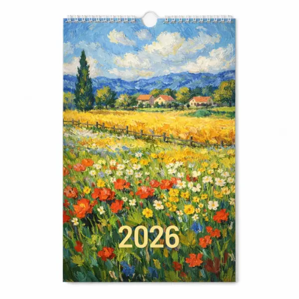 Перекидной календарь 2026 с красочной картиной цветущего луга