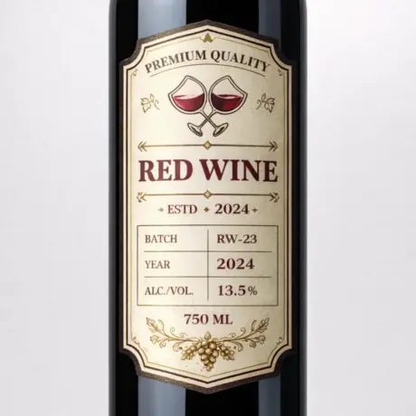 Klasiska dizaina sarkanvīna pudeļu etiķete ar zelta foliju un vīna glāžu ilustrāciju