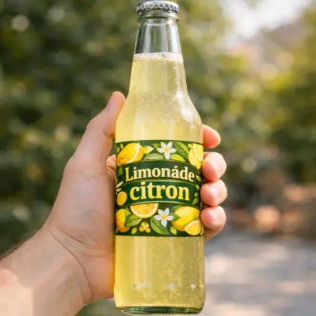 Стеклянная бутылка с этикеткой лимонада в руке — образец печати этикеток для бутылок