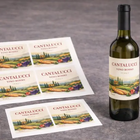 Vīna pudele ar etiķeti un nodrukātas pudeļu etiķešu loksnes