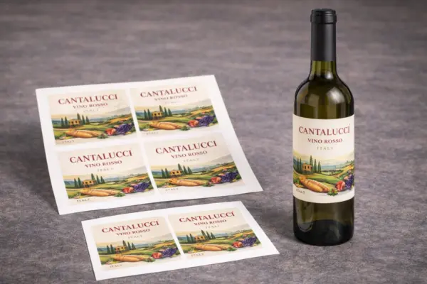 Бутылка вина с этикеткой и листы с печатью этикеток для бутылок