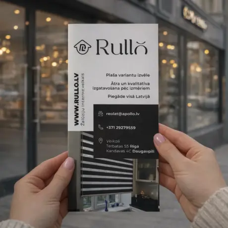 Rokās turēts Rullo reklāmas buklets kā bukletu izgatavošanas un drukas paraugs