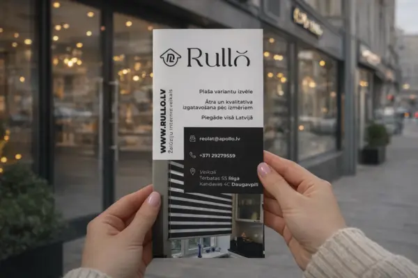 Rokās turēts Rullo reklāmas buklets kā bukletu izgatavošanas un drukas paraugs