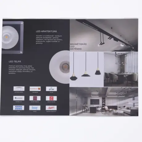 Atvērts reklāmas buklets par LED sistēmām – bukletu izgatavošanas paraugs