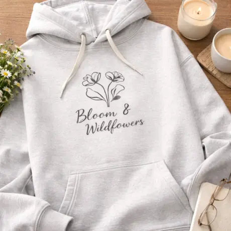 Gaiši pelēks kapuces džemperis ar ziedu apdruku un tekstu Bloom & Wildflowers