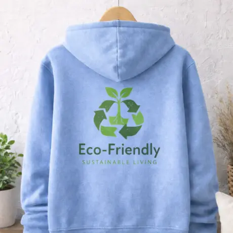 Gaiši zils džemperis ar apdruku uz muguras – zaļš Eco-Friendly logo un teksts