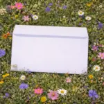 Balta aploksne uz pļavas ziedu fona individuālai apdrukai