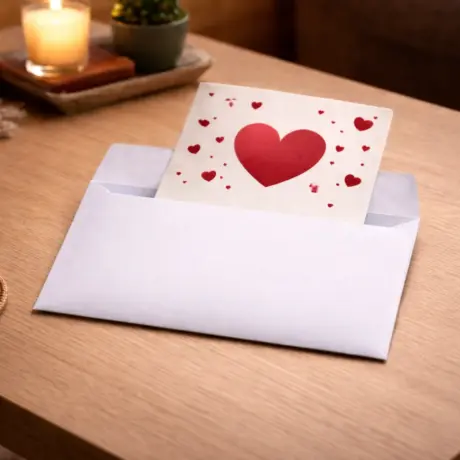 Atvērta balta aploksne ar sirds dizaina kartīti uz koka galda