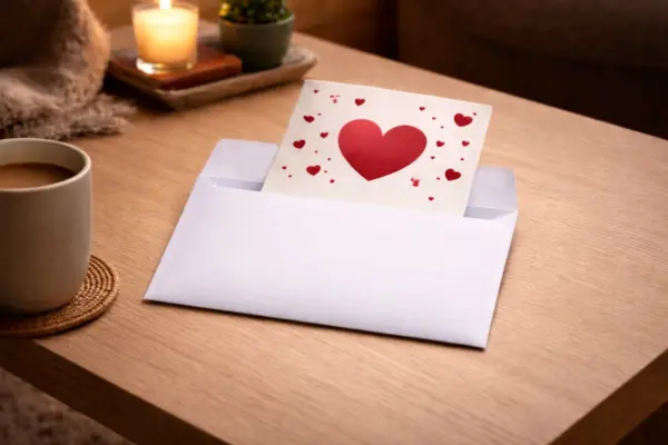 Atvērta balta aploksne ar sirds dizaina kartīti uz koka galda