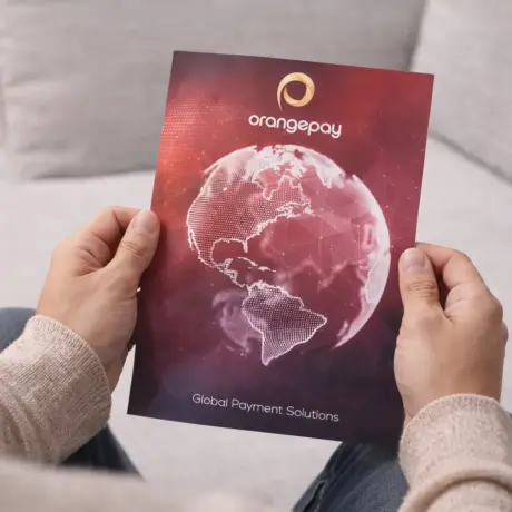 Skrejlapu drukas paraugs ar Orangepay dizainu un globusa attēlu