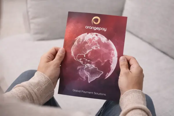 Skrejlapu drukas paraugs ar Orangepay dizainu un globusa attēlu