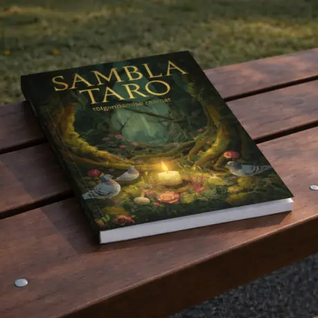 Книга Sambla Taro в мягкой обложке на деревянной скамейке