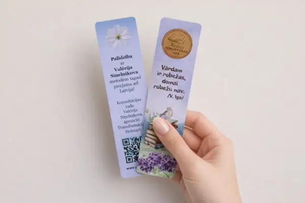Hand holding custom bookmark printing samples with individual design and illustrations