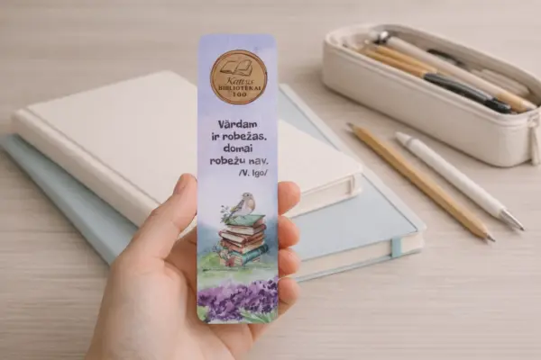 Hand holding a custom printed bookmark with bird illustration and quote