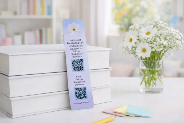 Custom bookmark printing sample with QR codes and floral design by a stack of white books