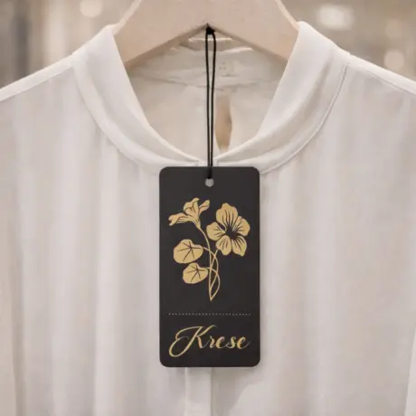 Custom hang tag printing on a black clothing tag with gold foil floral design