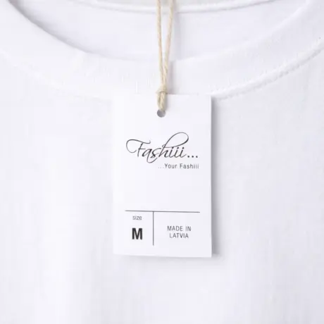 White custom hang tag printing sample on clothing with printed text and string