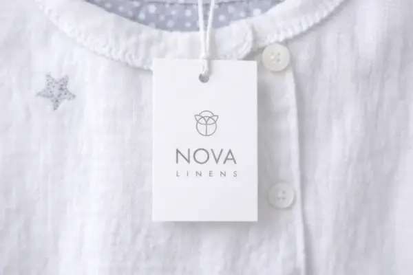Balta kartona birka apģērbiem ar NOVA LINENS druku un aukliņu