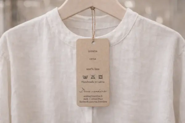 Apdrukāta kartona birka apģērbiem, piekarināta pie balta lina krekla