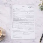 Drukāta paškopējošā pavadzīmes veidlapa ar pildspalvu un kafijas tasi