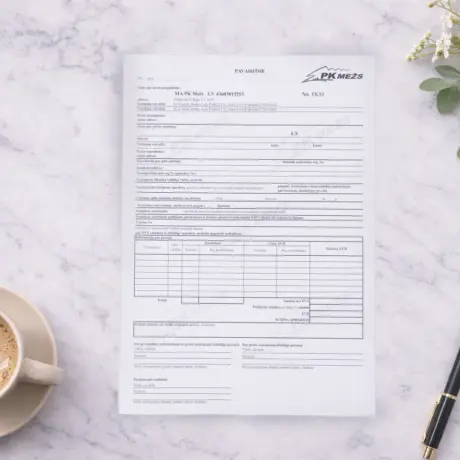 Drukāta paškopējošā pavadzīmes veidlapa ar pildspalvu un kafijas tasi