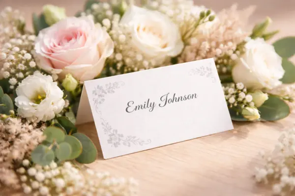 Настольная карточка с именем Emily Johnson и цветочной композицией