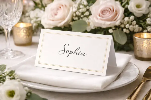 Настольная карточка с именем Sophia и золотой рамкой на праздничном столе