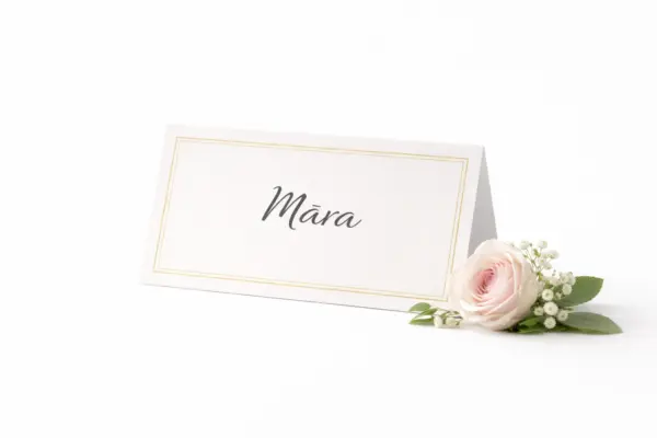 Настольная карточка с золотой рамкой и именем Māra рядом с розой