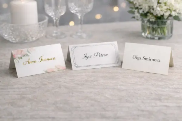 Образцы изготовления и печати настольных карточек с разным дизайном для праздничного стола