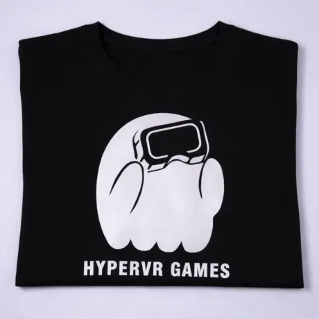 Black custom t-shirt with white HYPERVR GAMES logo and ghost in VR goggles