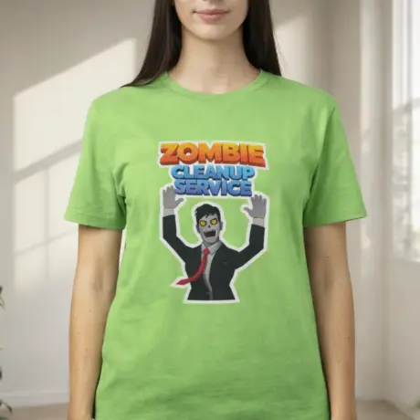 Gaiši zaļš T-krekls ar apdruku Zombie Cleanup Service un zombija attēlu