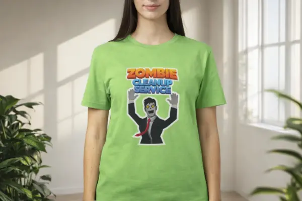 Gaiši zaļš T-krekls ar apdruku Zombie Cleanup Service un zombija attēlu