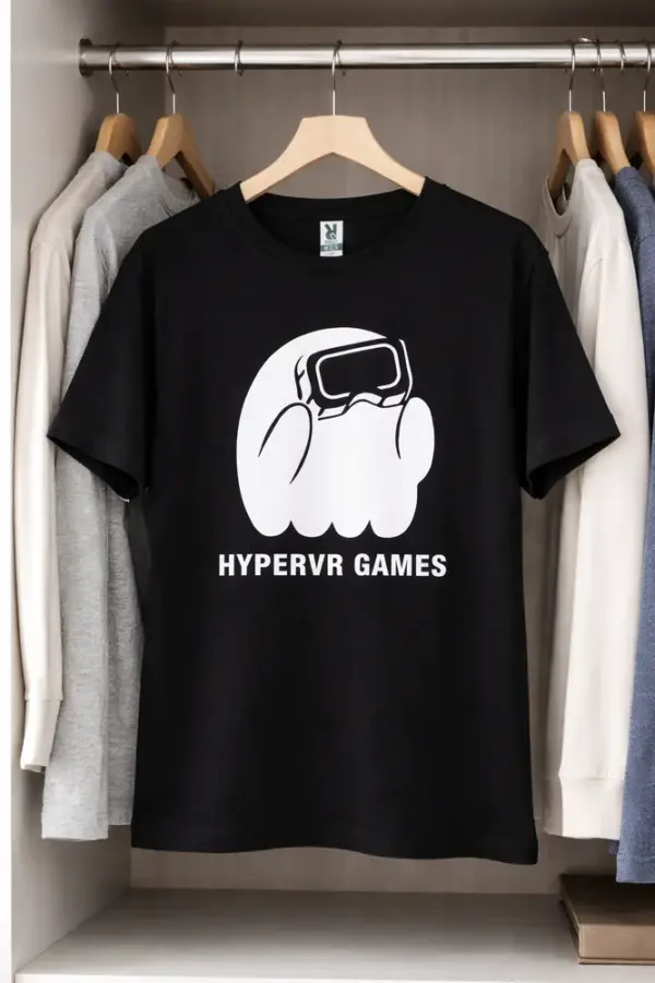 Melns T-krekls ar apdruku HYPERVR GAMES un tēlu ar VR brillēm