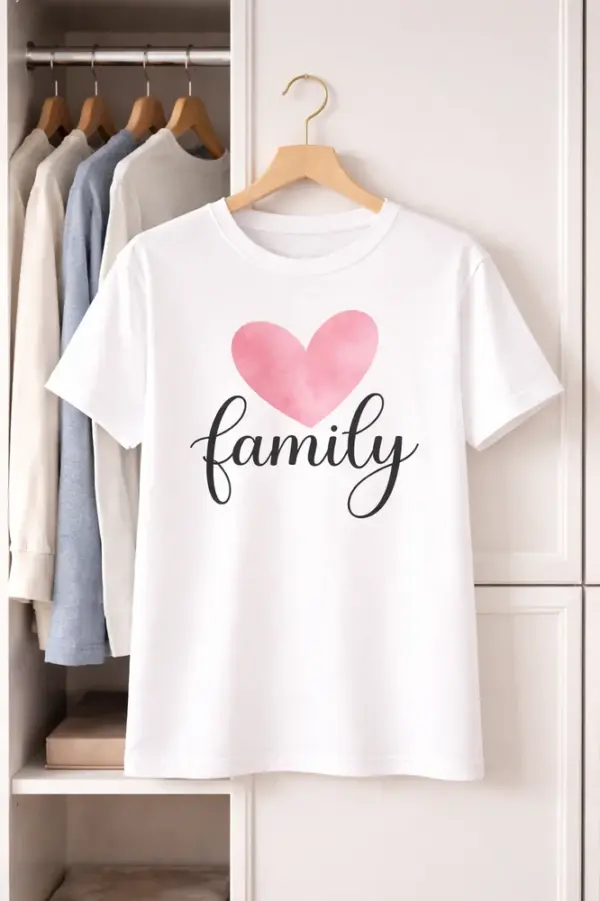 Balts T-krekls ar apdruku – rozā sirds un uzraksts family