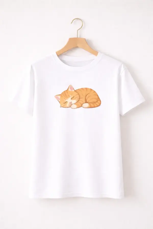 Balts T-krekls ar apdruku, kurā redzams guļošs oranžs kaķis