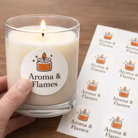 Круглые наклейки на свече и лист с наклейками, пример изготовления и печати наклеек