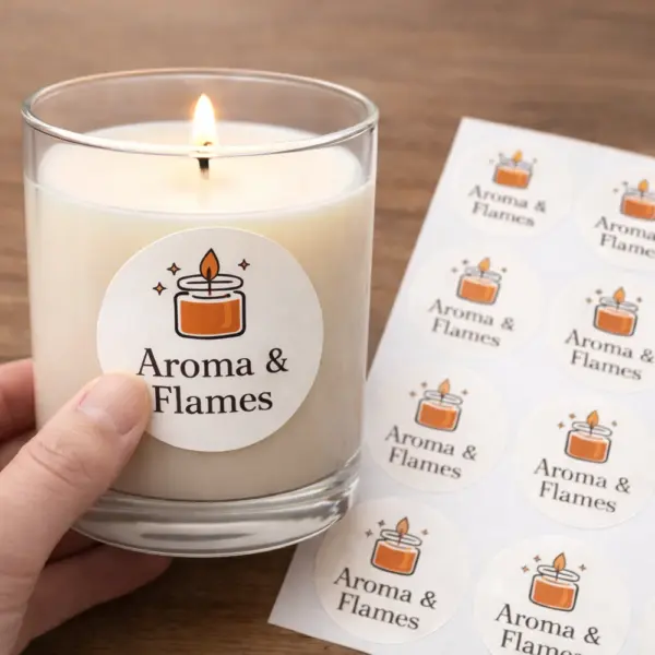 Круглые наклейки на свече и лист с наклейками, пример изготовления и печати наклеек