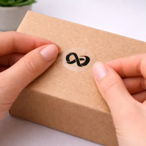 Прозрачная наклейка с логотипом наносится на коробку для маркировки товара