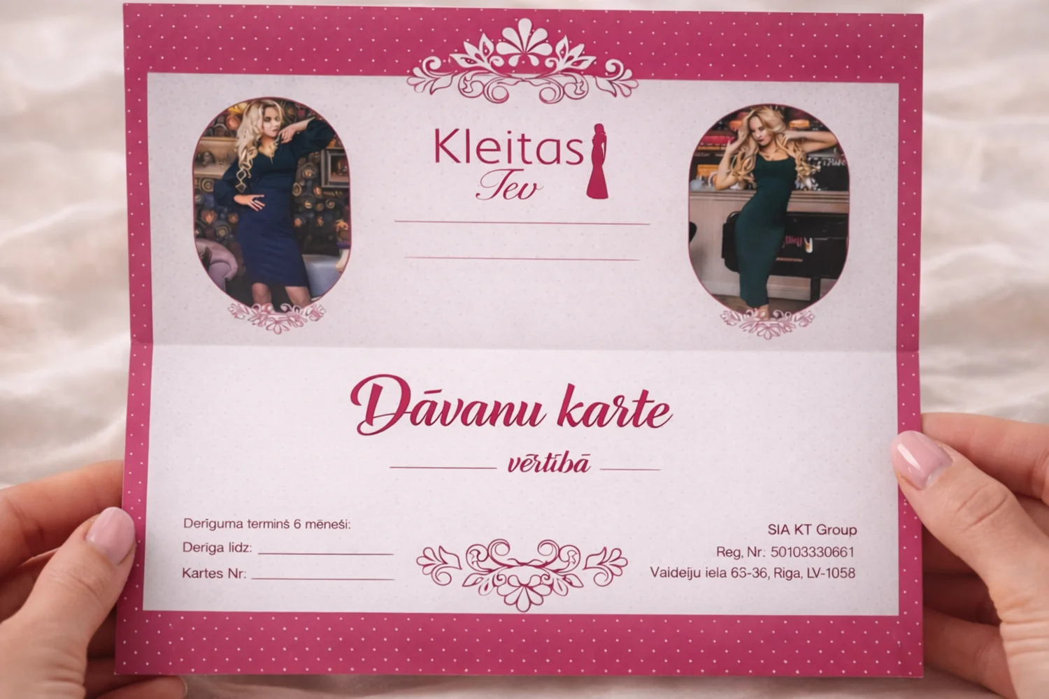 Pink custom gift card printing sample with women's dress photos and printed value field