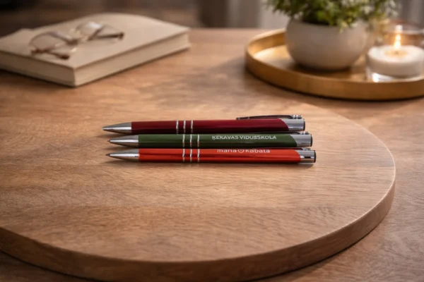 Three engraved metal pens on a wooden surface